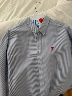 Ami Men’s Blue and White Striped Button-Down Shirt